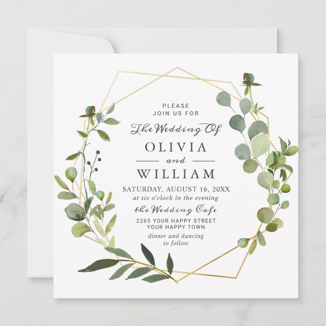 Modern Eucalyptus Geometric Frame PHOTO Wedding Invitation (Front)