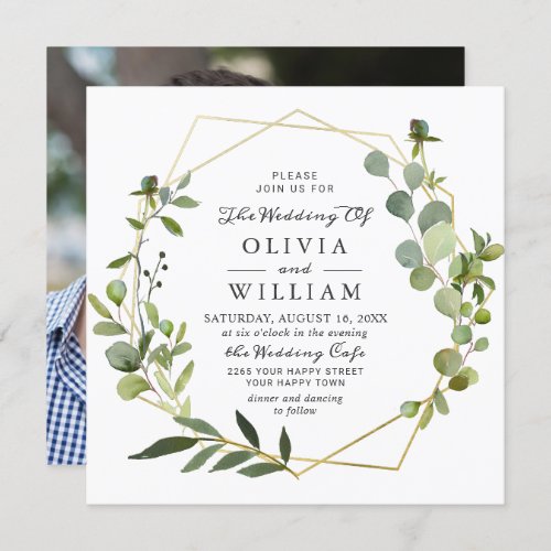 Modern Eucalyptus Geometric Frame PHOTO Wedding Invitation