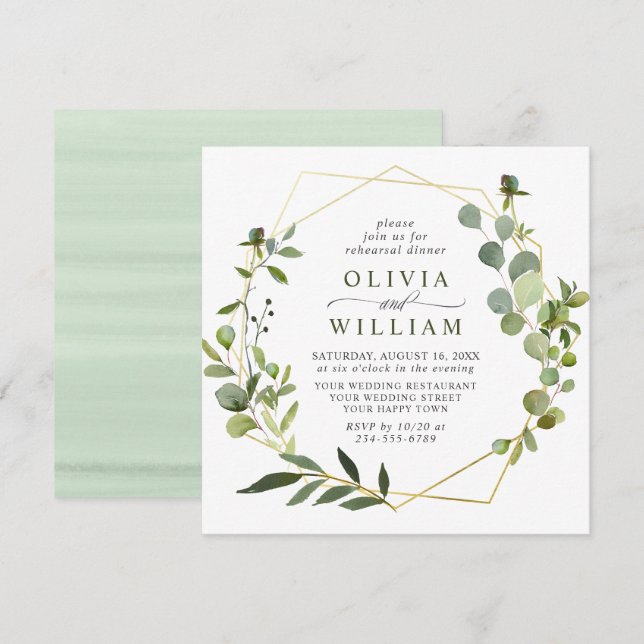 Modern Eucalyptus Geometric Frame REHEARSAL DINNER Invitation (Front/Back)