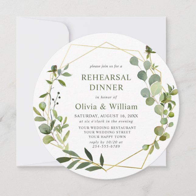Modern Eucalyptus Geometric Frame REHEARSAL DINNER Invitation (Front)