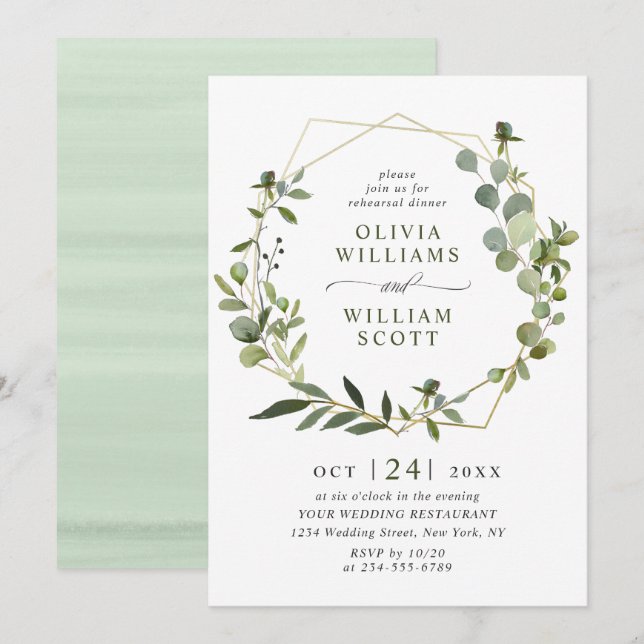Modern Eucalyptus Geometric Frame REHEARSAL DINNER Invitation (Front/Back)