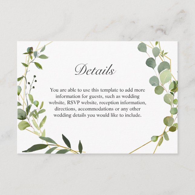 Modern Eucalyptus Geometric Frame Wedding Details  Enclosure Card (Front)