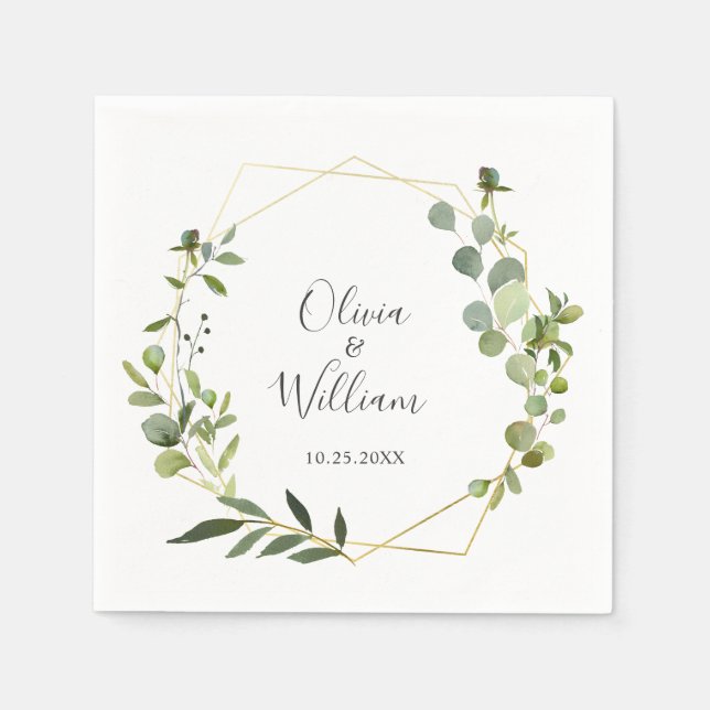 Modern Eucalyptus Geometric Frame Wedding Paper Napkins (Front)