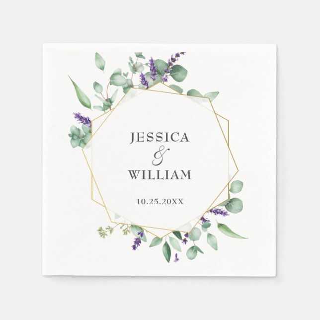 Modern Eucalyptus Geometric Frame Wedding Paper Napkins (Front)