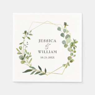 Modern Eucalyptus Geometric Frame Wedding Paper Napkins