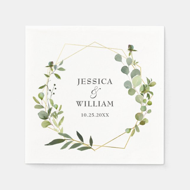 Modern Eucalyptus Geometric Frame Wedding Paper Napkins (Front)