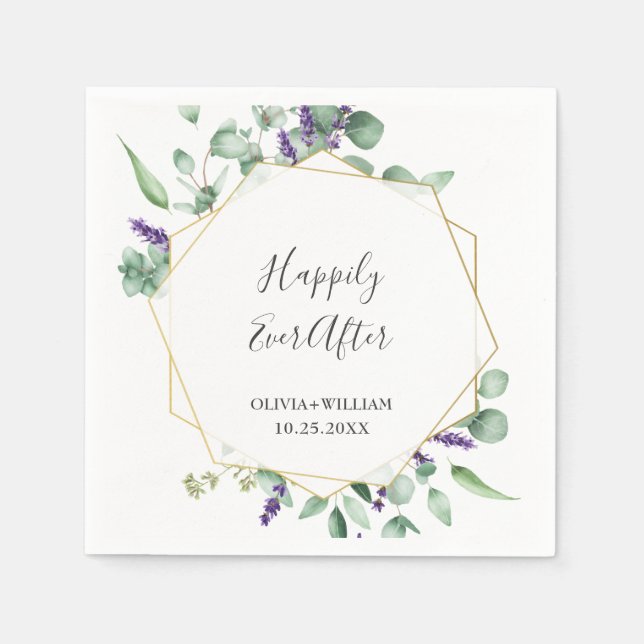 Modern Eucalyptus Geometric Frame Wedding Paper Napkins (Front)