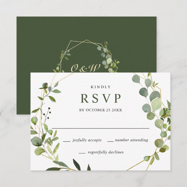 Modern Eucalyptus Geometric Frame Wedding RSVP Card (Front/Back)