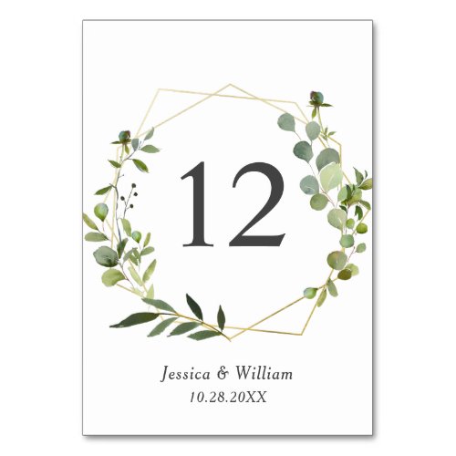 Modern Eucalyptus Geometric Frame Wedding Table Number