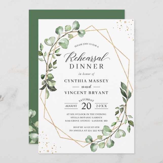Modern Eucalyptus Geometric Rehearsal Dinner Invitation (Front/Back)