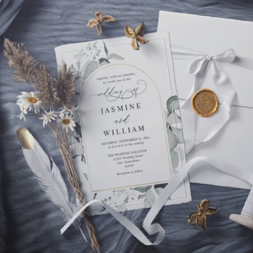 Modern Eucalyptus Gold Arch QR Code Wedding Invitation