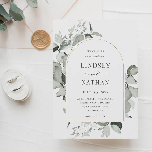 Modern Eucalyptus Gold Arch Wedding Invitation | Zazzle