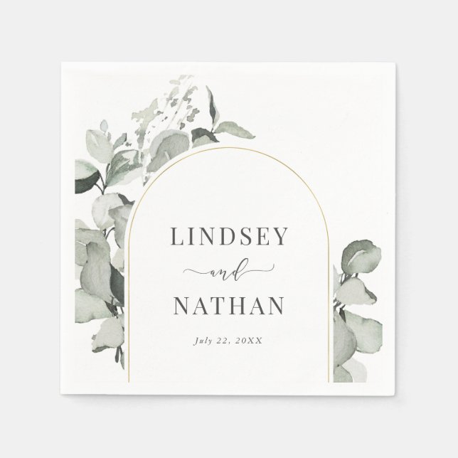 Modern Eucalyptus Gold Arch Wedding Napkins (Front)