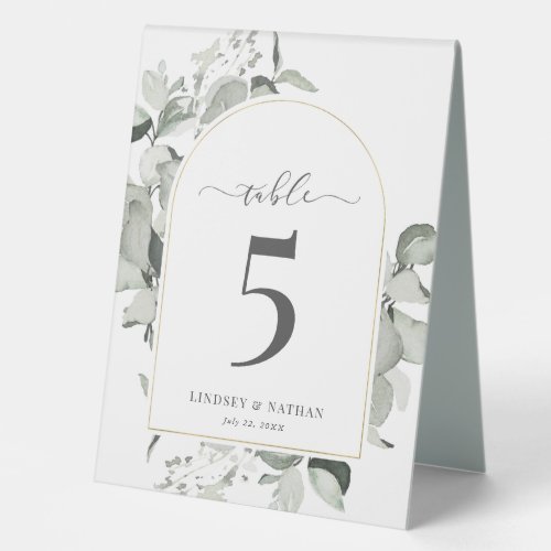 Modern Eucalyptus Gold Arch Wedding Number Table Tent Sign