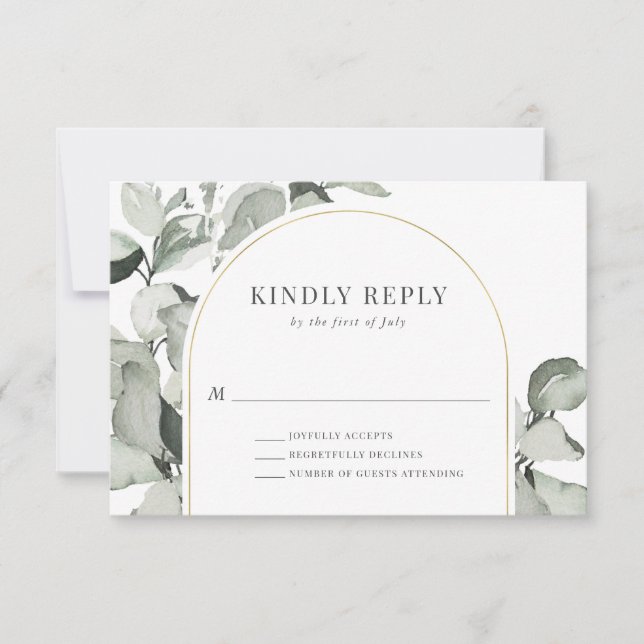 Modern Eucalyptus Gold Arch Wedding RSVP Card (Front)