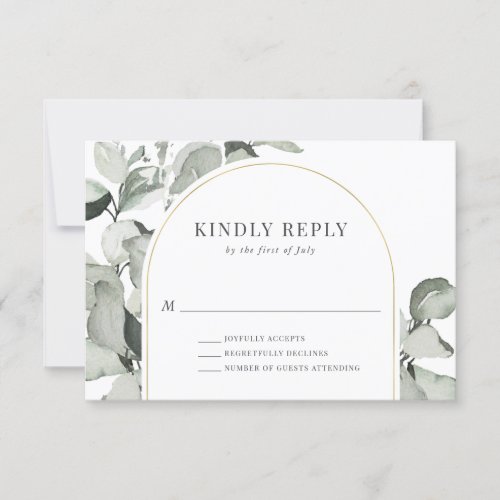 Modern Eucalyptus Gold Arch Wedding RSVP Card