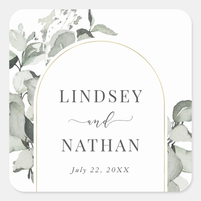 Modern Eucalyptus Gold Arch Wedding Square Sticker (Front)