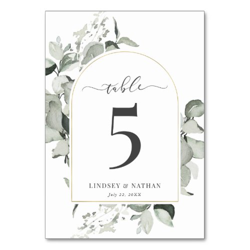 Modern Eucalyptus Gold Arch Wedding Table Number