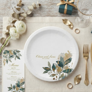 Modern Eucalyptus Gold Foil Botanical Watercolor Paper Plates
