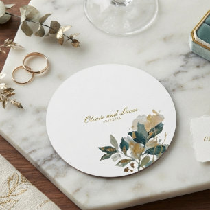 Modern Eucalyptus Gold Foil Botanical Watercolor Round Paper Coaster