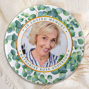 Modern Eucalyptus Gold Photo Funeral Memorial Button