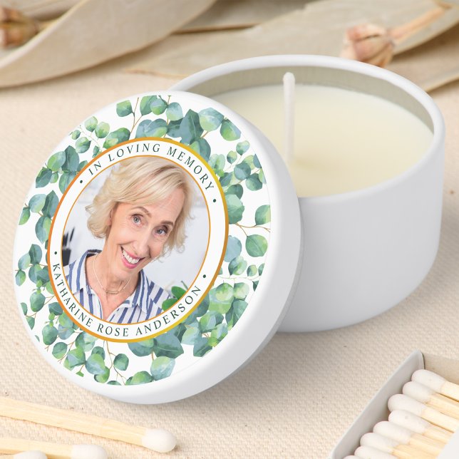 Modern Eucalyptus Gold Photo Funeral Memorial Mini Candle Favors (Creator Uploaded)