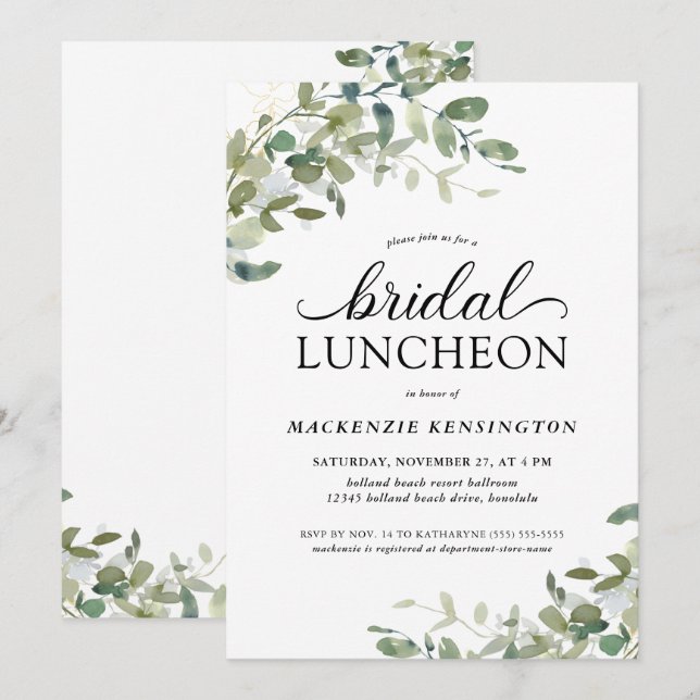 Modern Eucalyptus Green Bridal Luncheon Invitation (Front/Back)