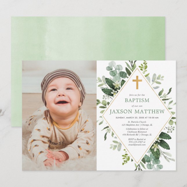 Modern eucalyptus green gold baptism photo invitation (Front/Back)
