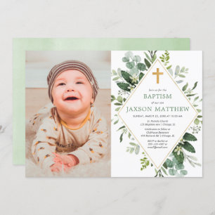 Modern eucalyptus green gold baptism photo invitation