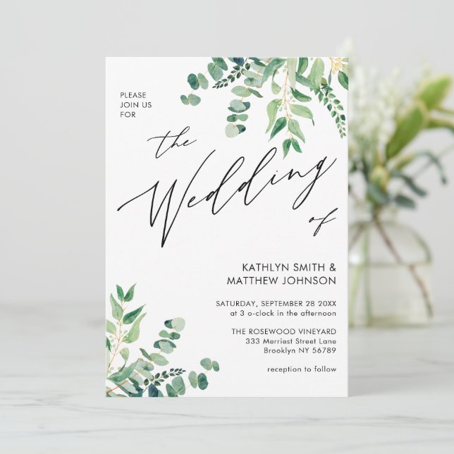 Modern Eucalyptus Greenery All In One Wedding Invitation (Standing Front)