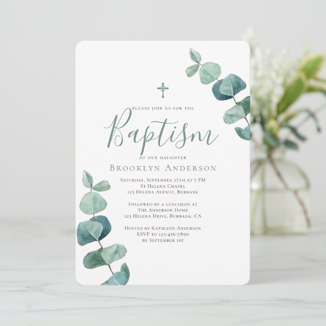 Modern Eucalyptus Greenery Baptism Invitation (Standing Front)