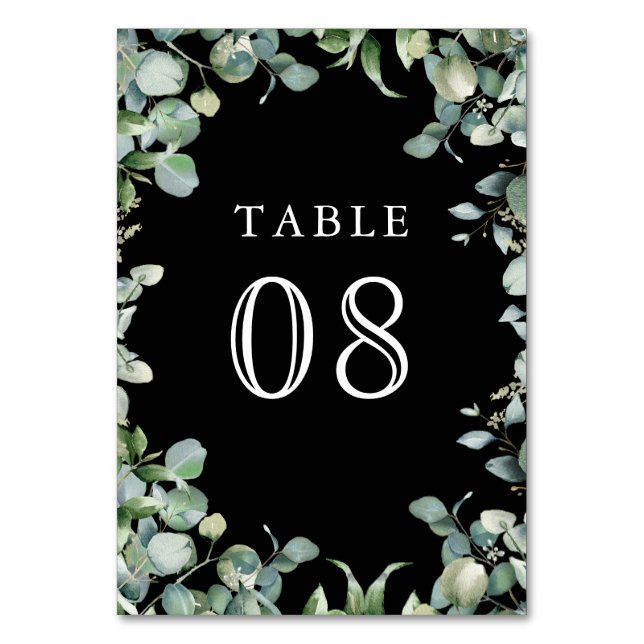 Modern Eucalyptus Greenery Black Wedding Table Number (Front)