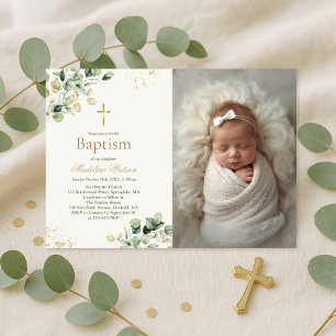 Modern Eucalyptus Greenery Cross Photo Baptism  Invitation