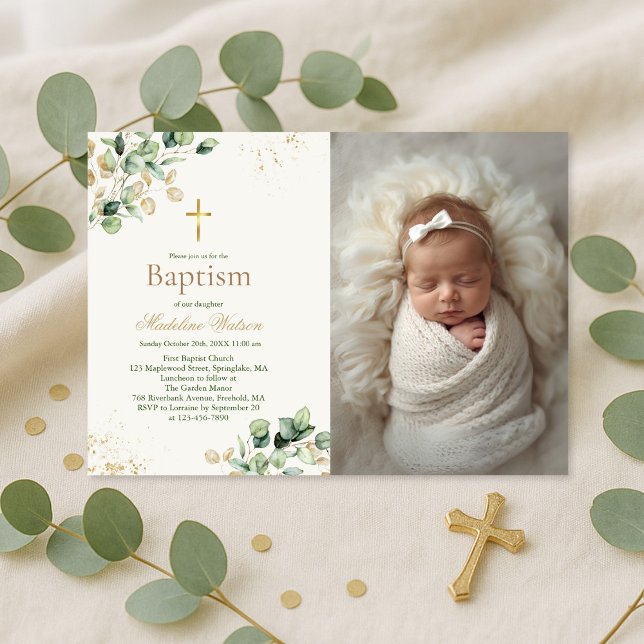 Modern Eucalyptus Greenery Cross Photo Baptism  Invitation (Creator Uploaded)