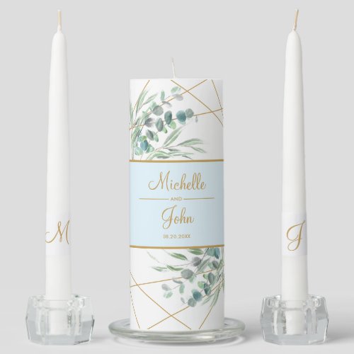 Modern Eucalyptus Greenery Dusty Blue Geometric Unity Candle Set