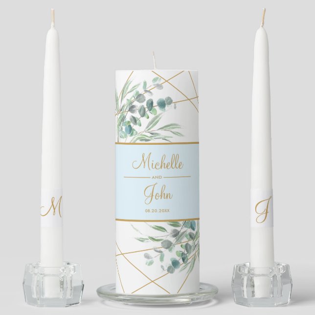 Modern Eucalyptus Greenery Dusty Blue Geometric Unity Candle Set (Front)