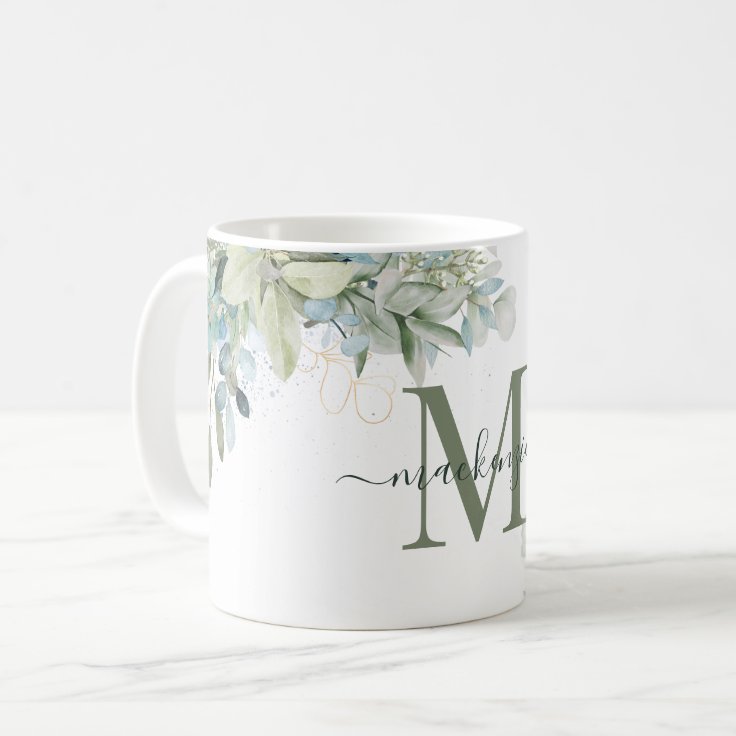 Modern Eucalyptus Greenery Floral Monogram Coffee Mug | Zazzle