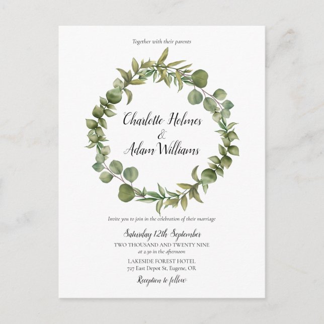 Modern Eucalyptus Greenery Foliage Photo Wedding Invitation Postcard (Front)