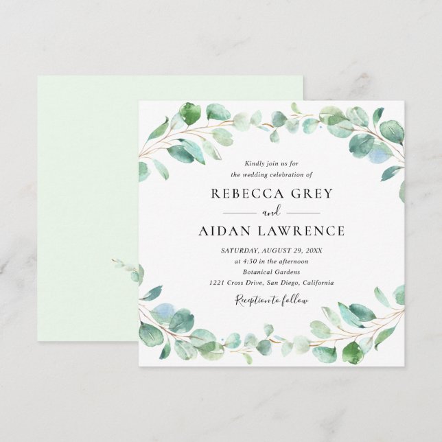 Modern Eucalyptus Greenery Foliage Wedding Square Invitation (Front/Back)
