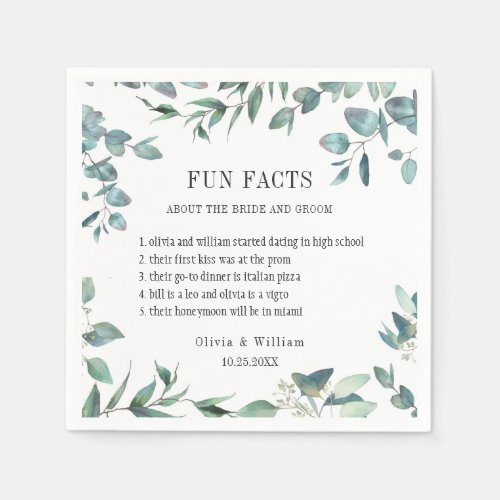 Modern Eucalyptus Greenery Fun Facts Wedding Napkins