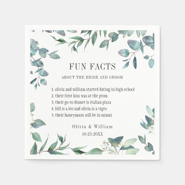 Modern Eucalyptus Greenery Fun Facts Wedding Napkins (Front)