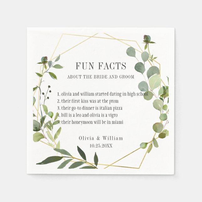 Modern Eucalyptus Greenery Fun Facts Wedding Napkins (Front)