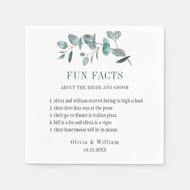 Modern Eucalyptus Greenery Fun Facts Wedding Napkins (Front)