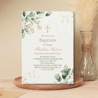 Modern Eucalyptus Greenery Gold Cross Baptism
