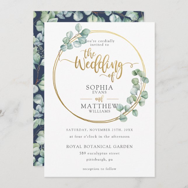 Modern Eucalyptus Greenery Gold Frame Wedding Invitation (Front/Back)