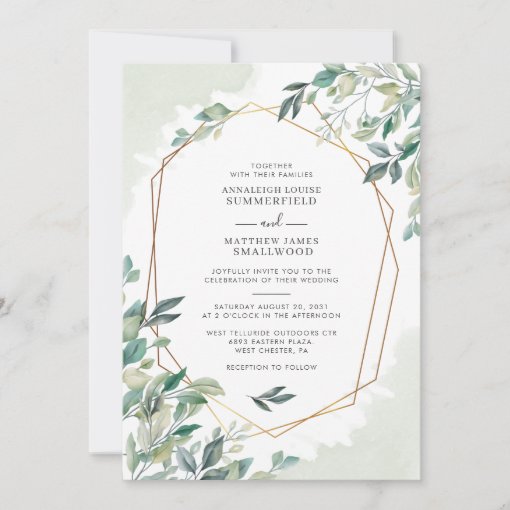 Modern Eucalyptus Greenery Gold Geometric Wedding Invitation | Zazzle
