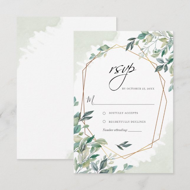 Modern Eucalyptus Greenery Gold Geometric Wedding RSVP Card (Front/Back)