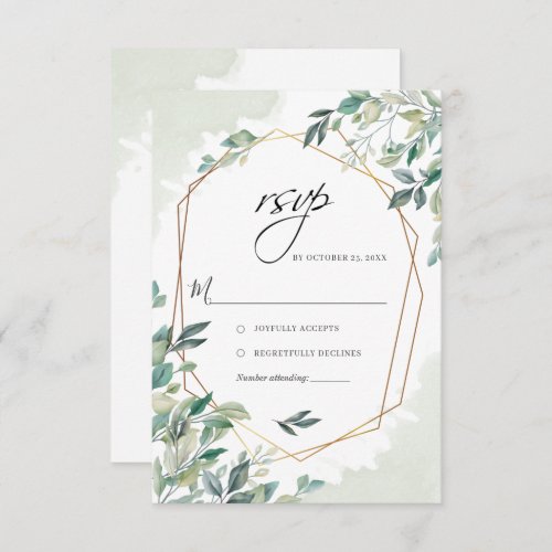 Modern Eucalyptus Greenery Gold Geometric Wedding RSVP Card