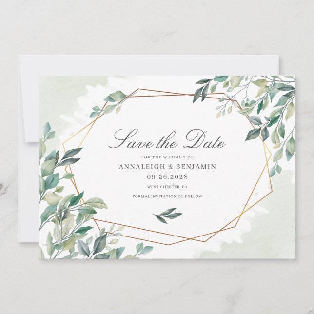 Modern Eucalyptus Greenery Gold Geometric Wedding Save The Date (Front)