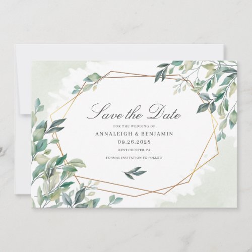 Modern Eucalyptus Greenery Gold Geometric Wedding Save The Date